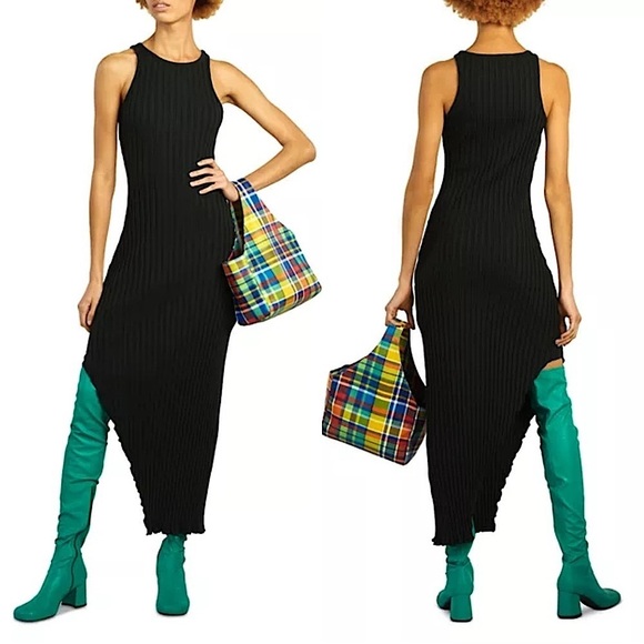 SIMON MILLER 90s Rib Knit Modal Sleeveless Asymmetric Hem Slim Fit Maxi Dress L - Picture 1 of 4